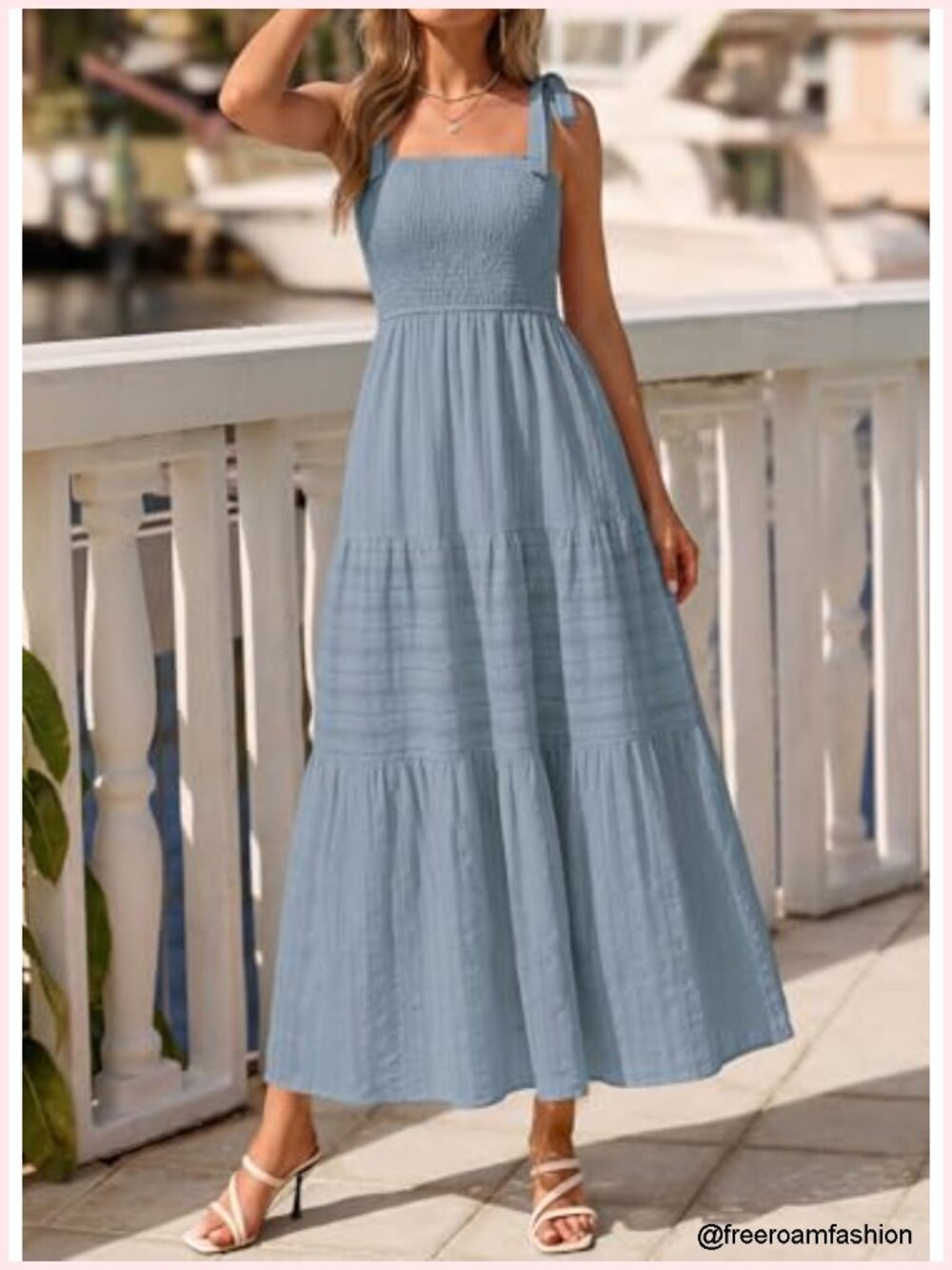 Smocked Boho Maxi Dress Tie Shoulder Sleeveless A-Line Beach Sundress - Picture 4 of 6